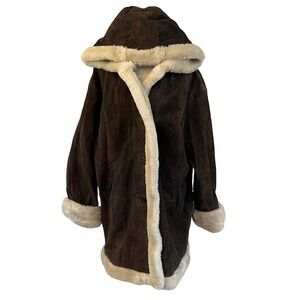 Vintage Wilsons Leather Brown Hooded Leather Shearling Lined Winter Coat XL